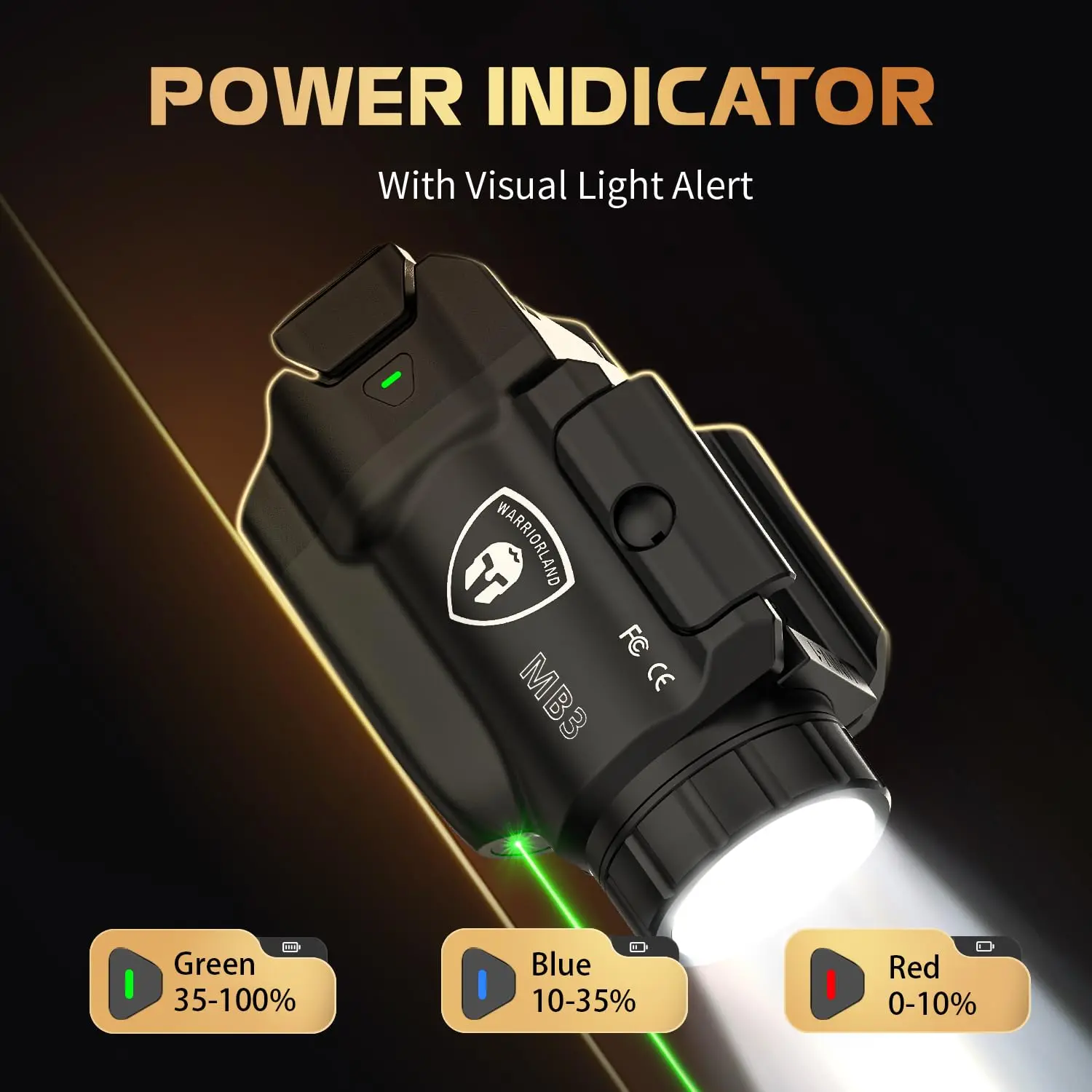 مناسب لـ G17 /G19 /P365 /G3C/G2C/M&P 9 /Hellcat Pro/1911,500-Lumen ضوء السكك الحديدية، ضوء مدمج المثبت، الضوء الأخضر