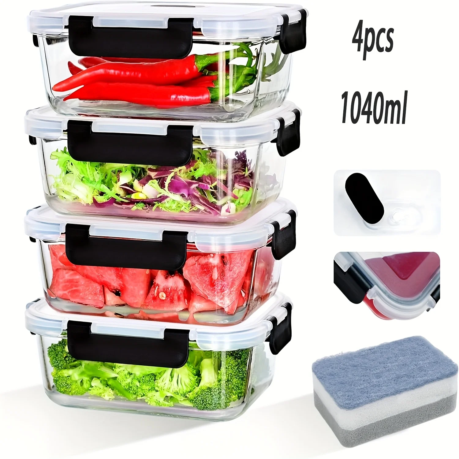 Bols en verre SAEIV 4x1040 ml avec couvercles serrés à l'air noirs pour la conservation, le stockage et l'organisation des aliments, sans BPA