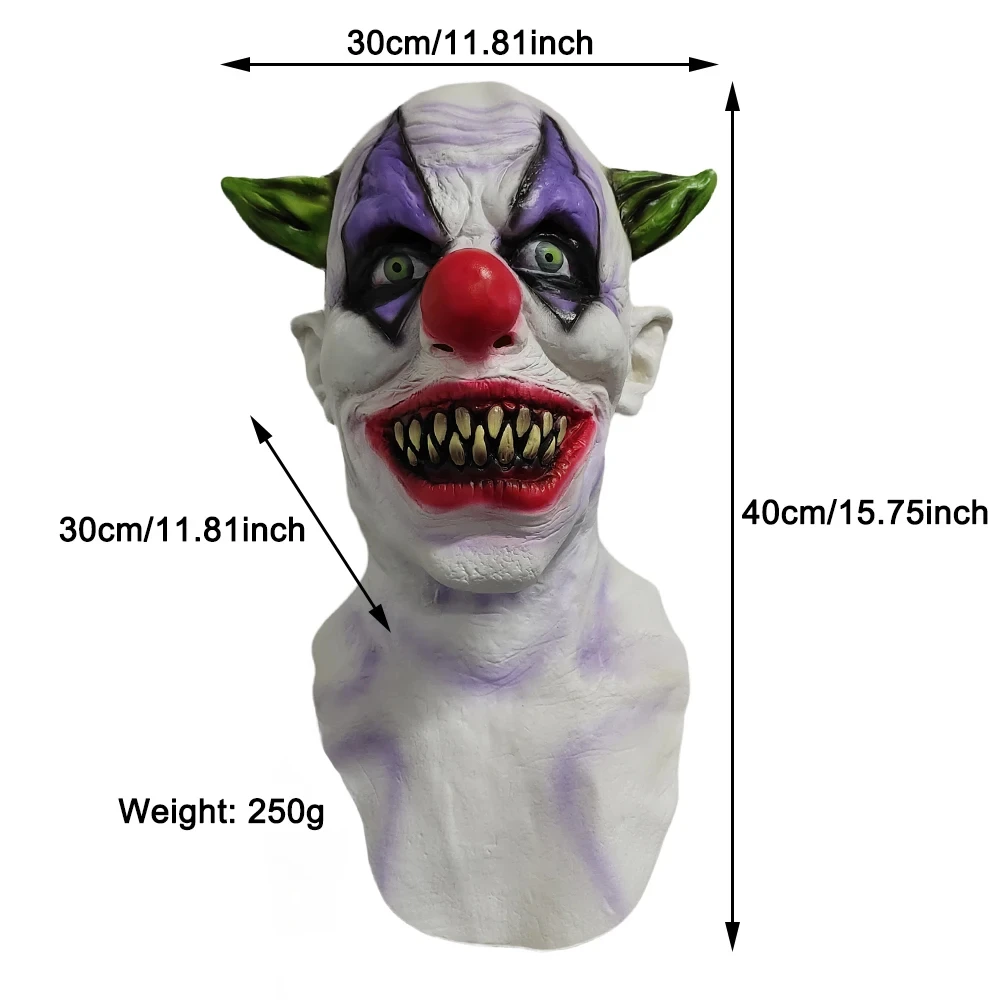 Cosplay Evil Joker Maschera Horror Killer Clown Maschere a pieno facciale in lattice Creepy Green Horned Red Nose Clown Copricapo Halloween Prop