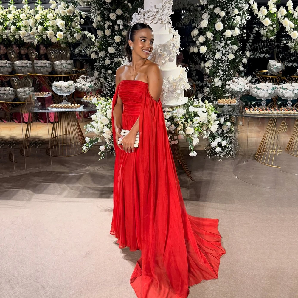 

Galarity Customized Red Chiffon Prom Dress 2026 Off Shoulder Pleated Formal Evening Gown Ruched Party Dress Wedding Guest Dress