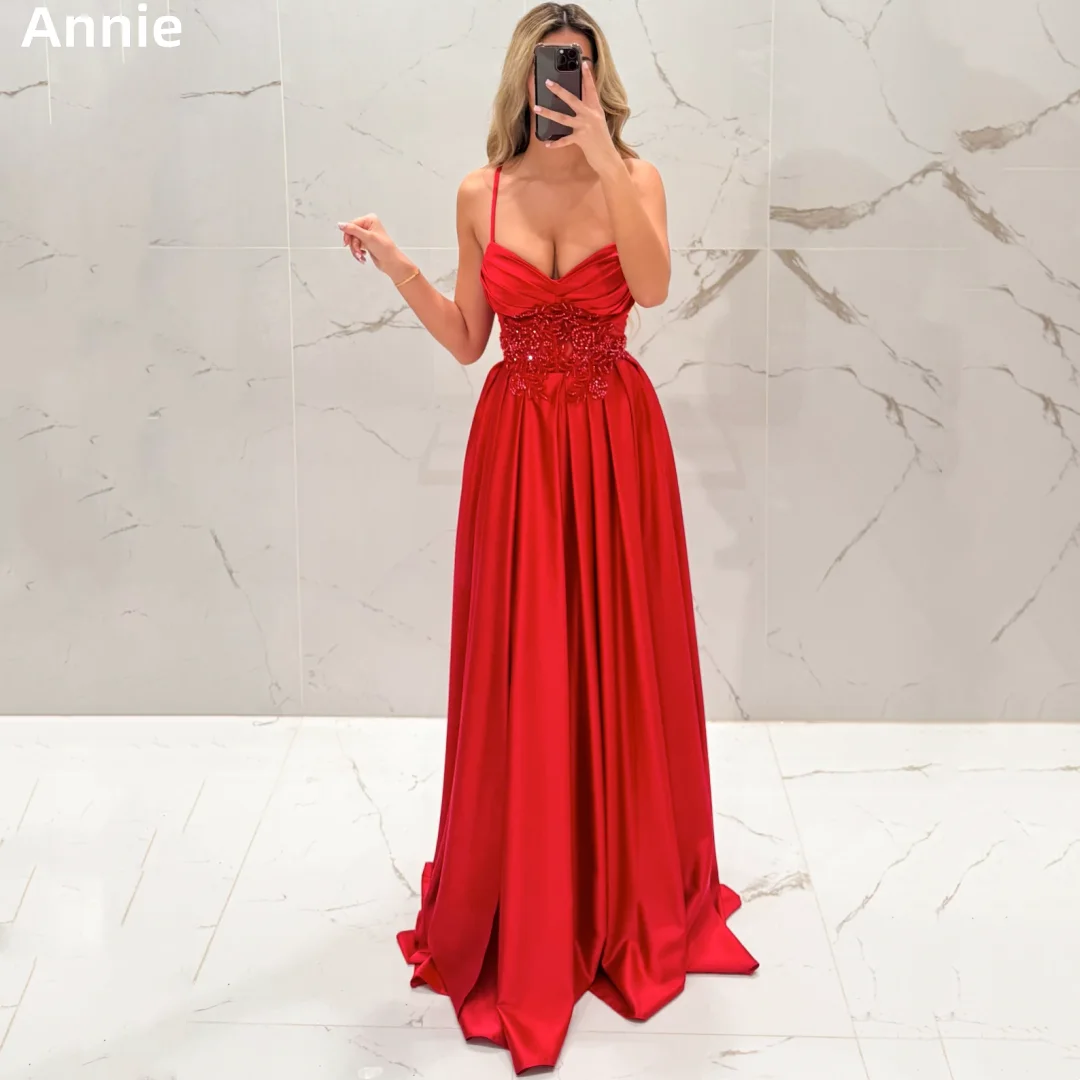 

Annie Red Spaghetti Straps Prom Dresses Crinkled Satin Beading Evening Dresses Formal Evening Party Dresses فساتين سهرة