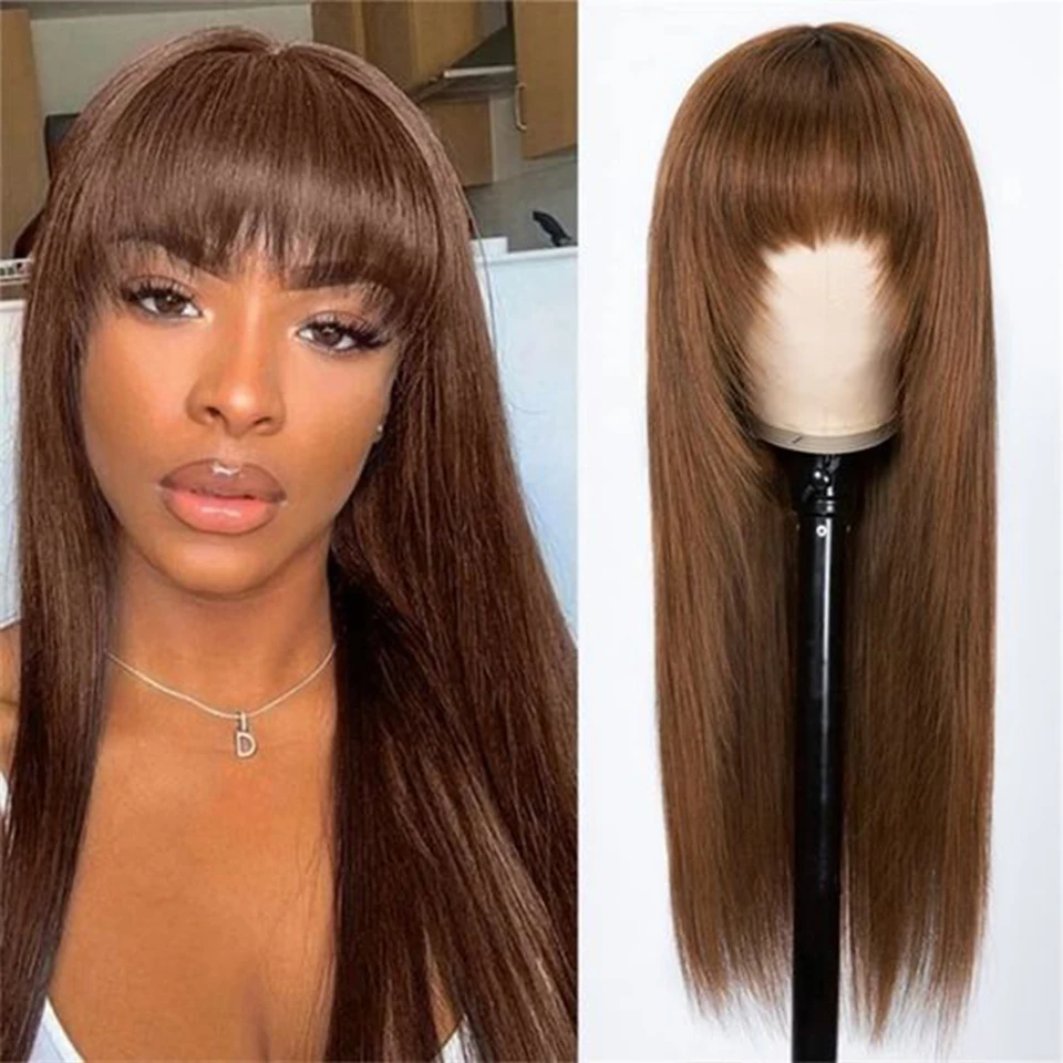 Joedir Natural Brown Colored #4 Straight Human Hair Wigs With Bangs Fringe Full Machine Made Wig For Women