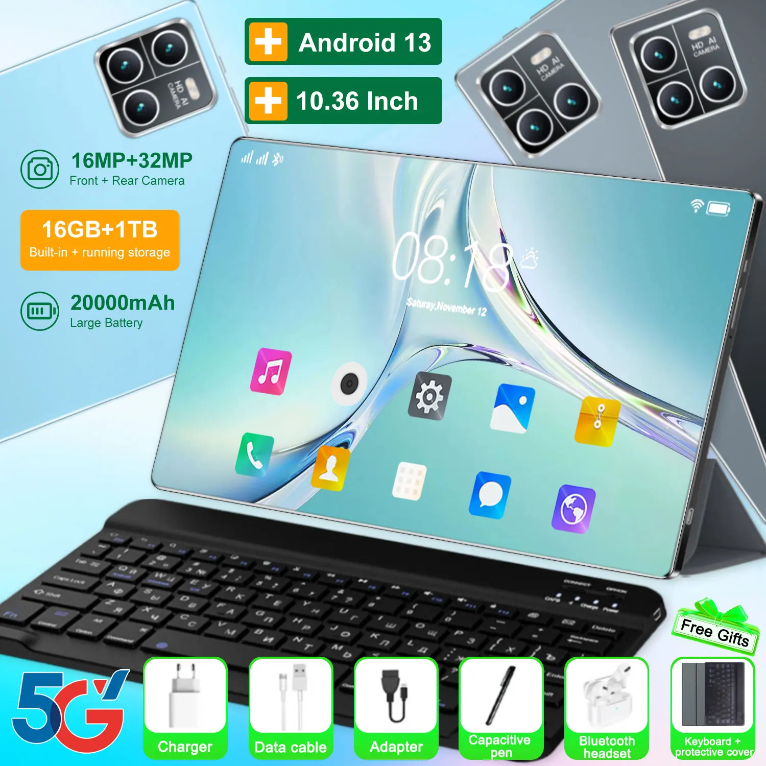 Tablette Android WIFI Type-C, toute nouvelle, 20000mAh, écran HD 10,36 pouces, 14 cœurs, version globale, 16 Go + 1 To, double carte SIM, 16MP + 32MP