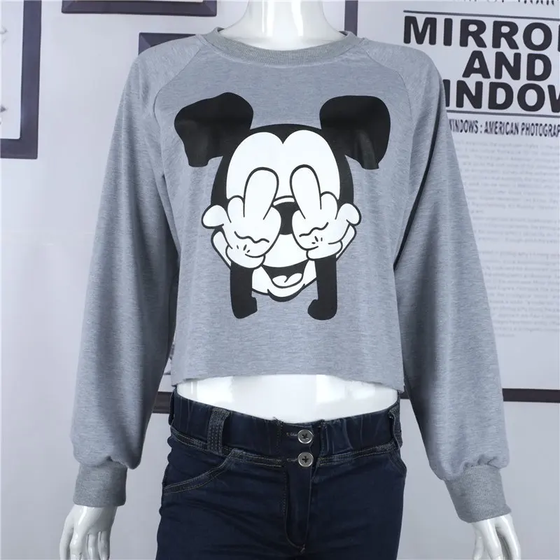 Disney Cartoon Mickey Mouse Print Sweatshirt Autumn Women Pullover Sexy Crop Tops