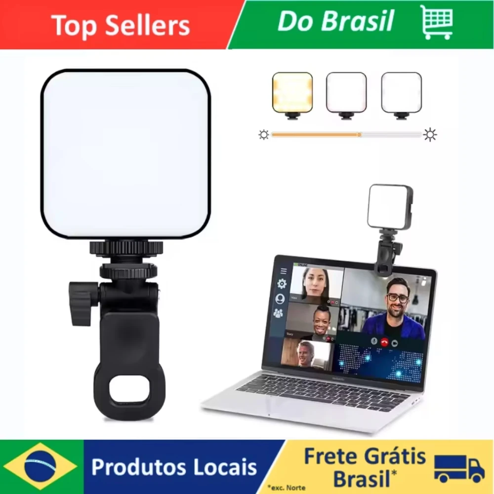 Luz de Selfie LED – 3 Tons + Efeitos Coloridos, Clip para Celular e Notebook, Recarregável via USB