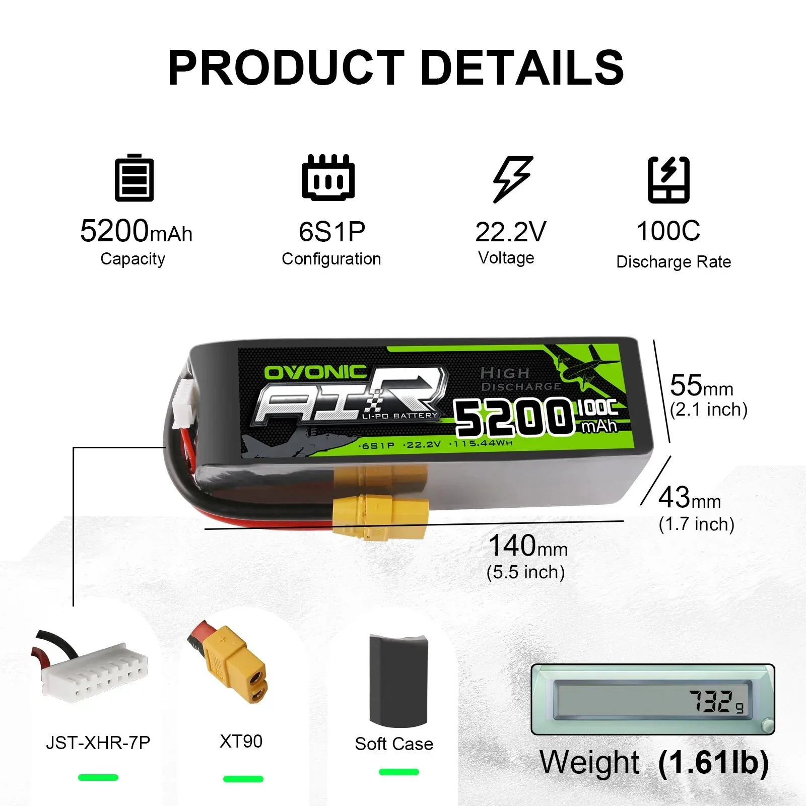 Ovonic 6S Lipo Battery 5200mAh 6S1P 100C 22.2V High Capacity for 7-10 Inch Long Range Drone with XT90 & AS150 Plug HD Cinelifter Multirotor X-Class