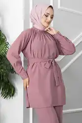 Ropa con detalle de perlas para mujer, Hijab doble, bata para mujer musulmana, blusas de otoño, conjuntos musulmanes, pantalones turcos de manga larga, Abaya Conjuntos de túnica de punto para mujer, Hijab musulmán Abay