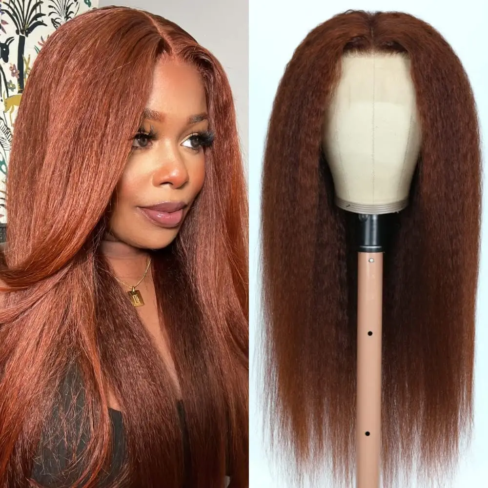 Kinky Yaki Straight Wig 13X4 Synthetic Lace Front Wigs For Women Reddish Brown Copper Red Wig Lace Closured Wig Perruque Femme