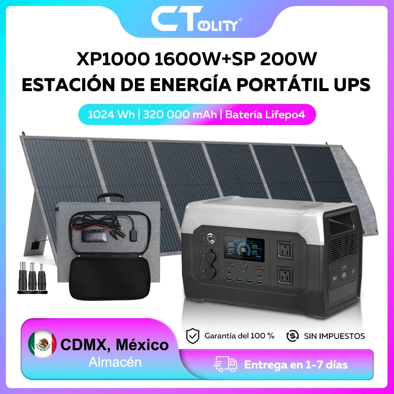 CTOLITY Estación de energía portátil de 1600 W con panel solar de 200 W, 20 V, 23 % de eficiencia de conversión, batería LiFePO₄ de 1024 Wh; kit de generador solar XP1000 para el hogar y acampadas al aire libre