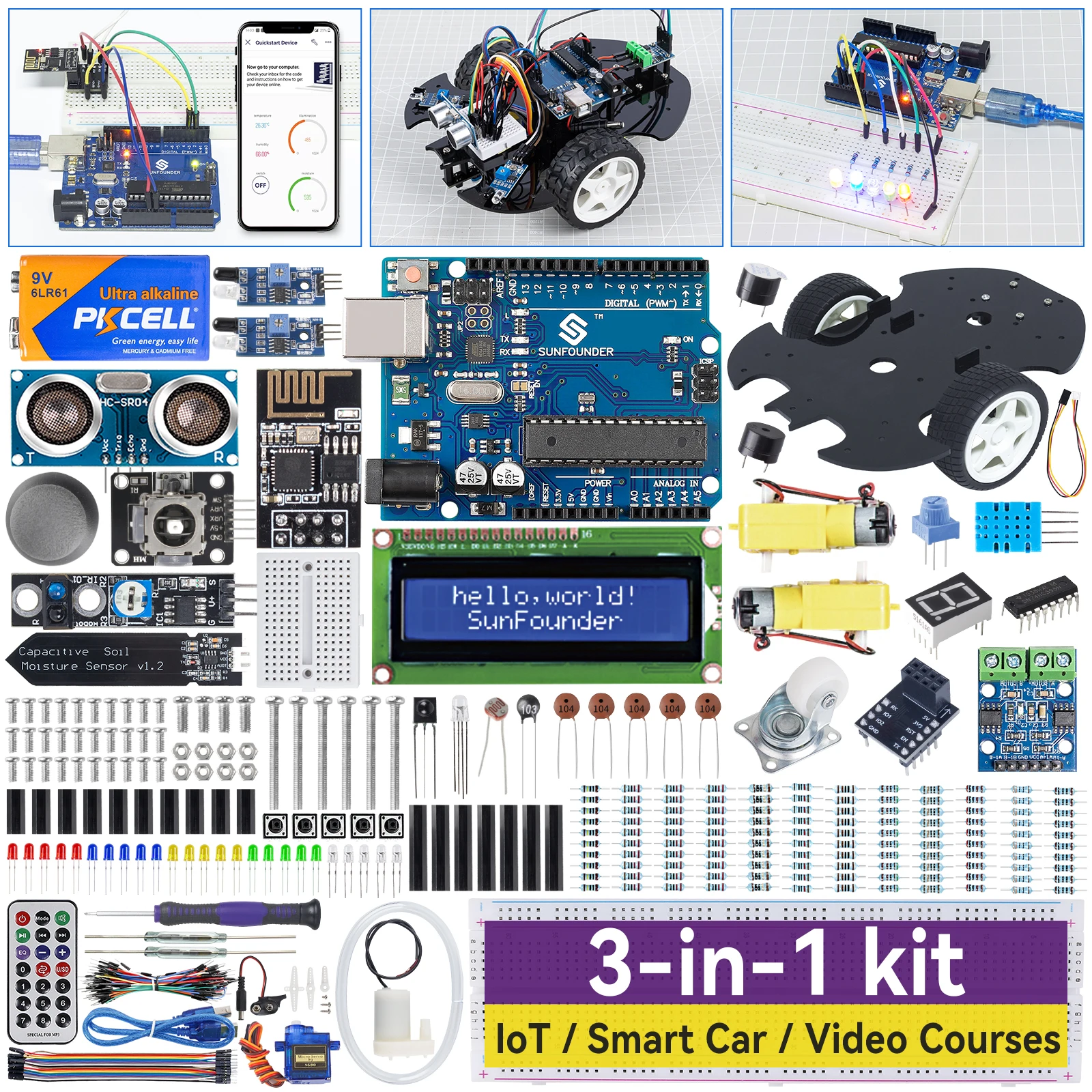 SunFounder 3 in 1 IoT/Smart Car/Learning Ultimate Starter Kit Compatible with Arduino IDE, Scratch, 192 Items, 87 Projects