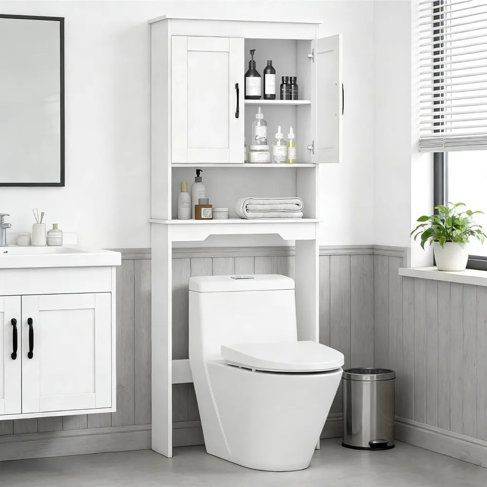

Over The Toilet Storage Cabinet, Double Door Space Saver Above Toilet with Adjustable Shelf & Open Storage Cube, Over Toilet Bat