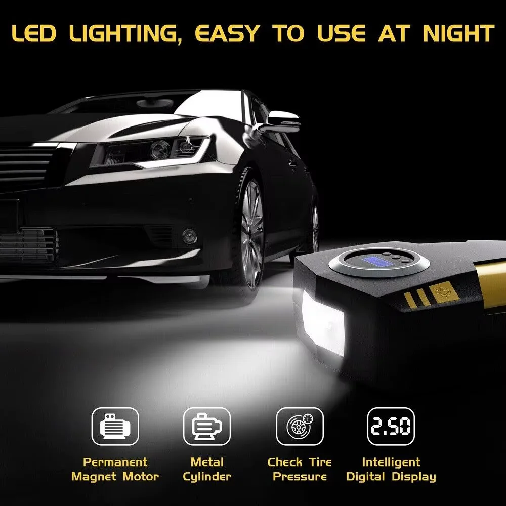 Digitaler Autoreifenfüller mit Display, tragbarer 12V DC-Luftkompressor mit LED-Licht – Detail 2