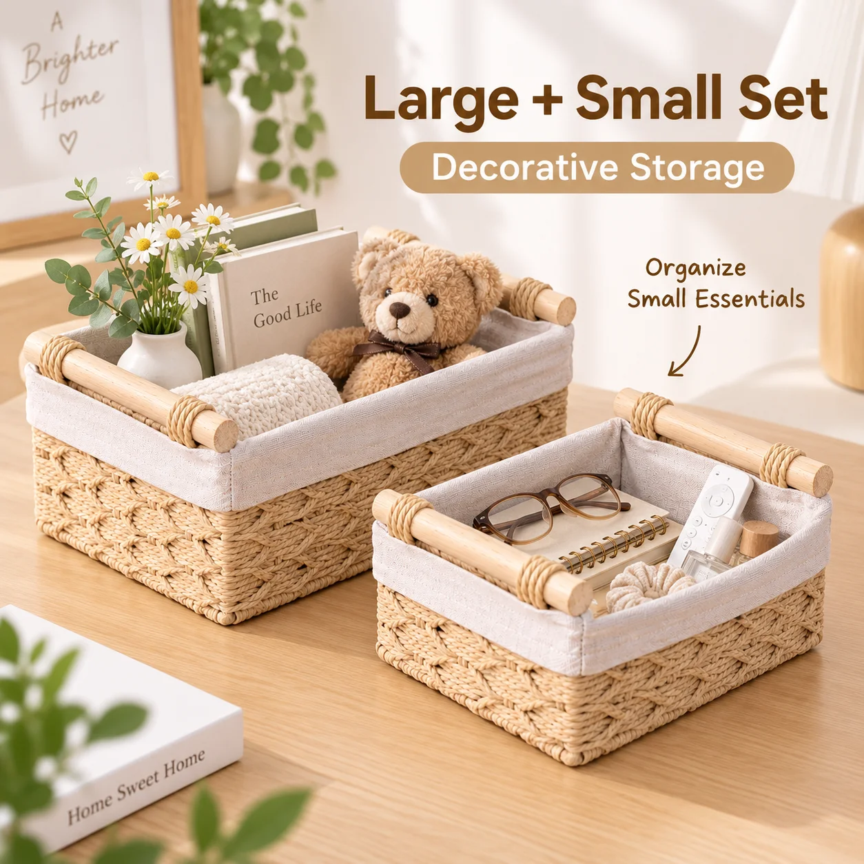 2PCS Woven Storage Basket Set, Large & Small Fabric-Lined Organizer Bins with Wooden Handles for Shelves, Nursery and Home
