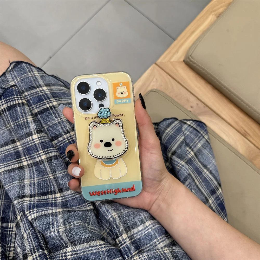 

Luxury flash drill puppy Korean INS cute cartoon phone case for iPhone 13 14 15 16 Pro Max Fundas with stand protective cover
