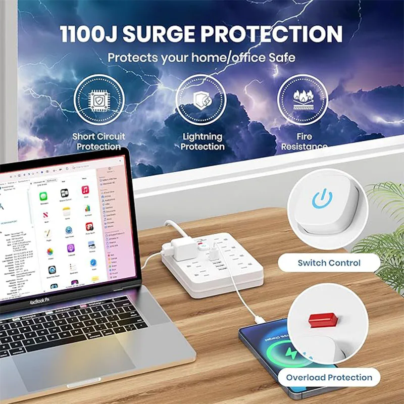 

Устройство защиты от перенапряжения удлинителя JouleLoom с 8 розетками, 4 портами USB и 2 портами USB C, удлинителем 5 футов, плоской вилкой, настенным креплением,