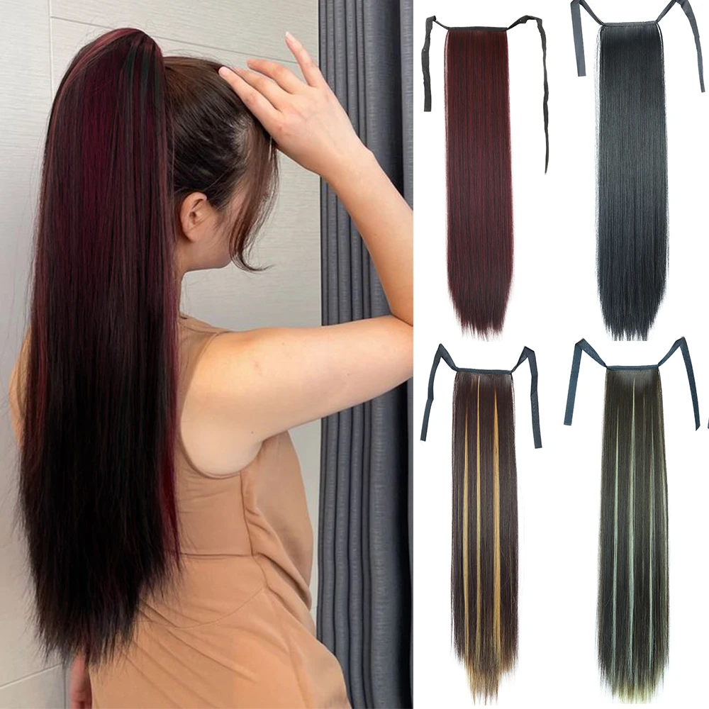 

22inch Synthetic Ponytail Long Straight Wine Red Blonde Pony Tail Hair Extensions Heat Resistant Horsetail Hairpiece