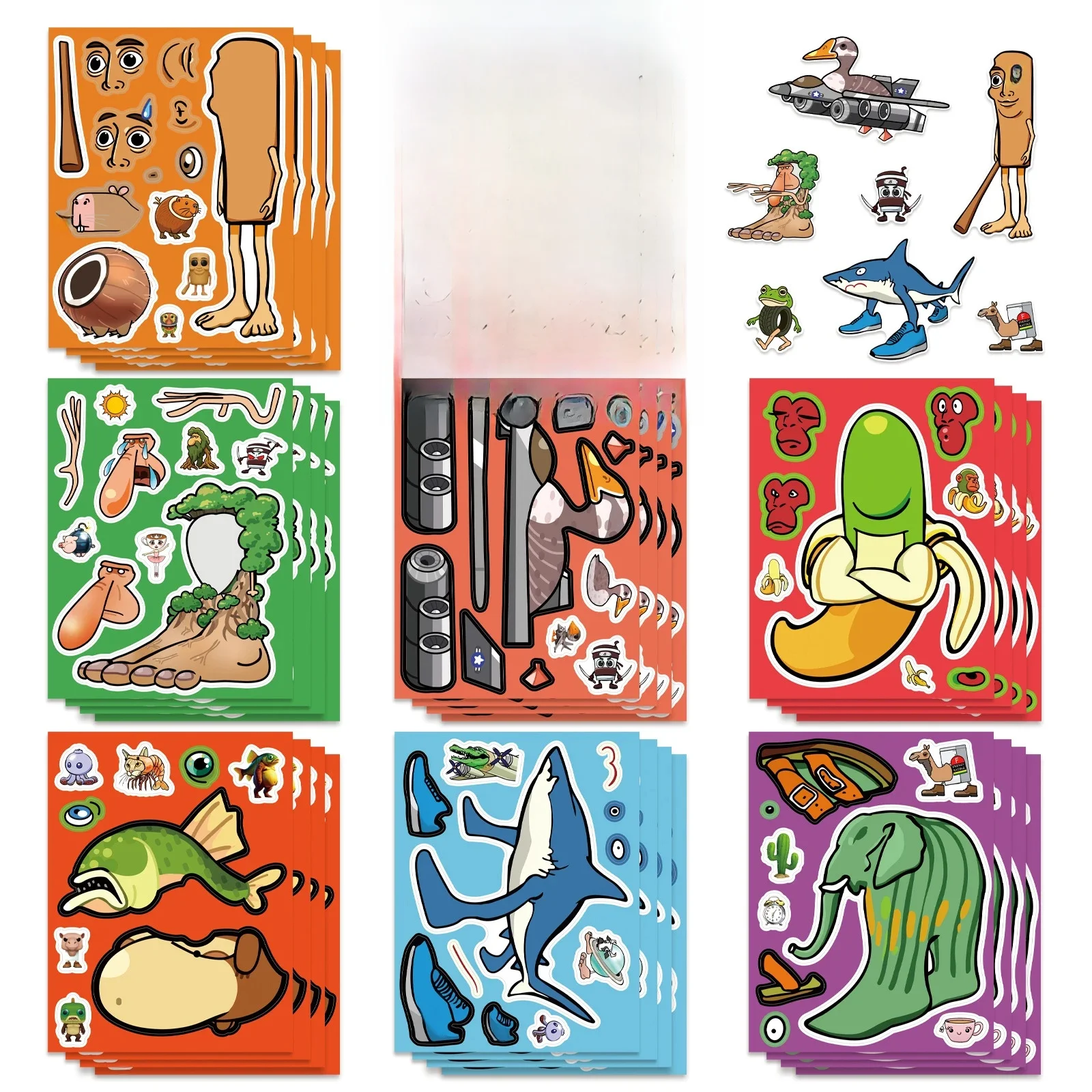 8/16 feuilles abstraites animaux faire un visage Puzzle autocollants Tung Tung Sahur italien cerveau animaux décalcomanie assembler Puzzle enfant jouets