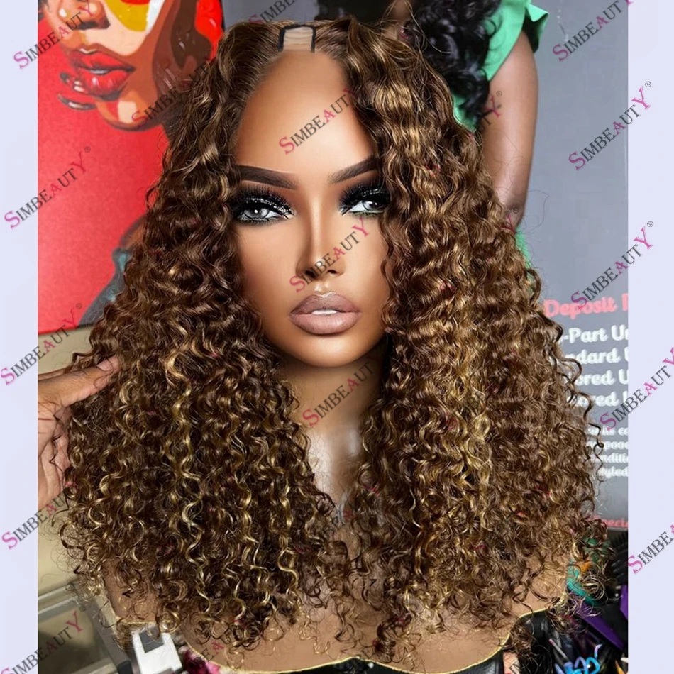 

Easy Install Glueless Kinky Curly Honey Blonde Highlight Brown Human Hair U Part Wig for Black Women 1x4 V Part Wig with Clips