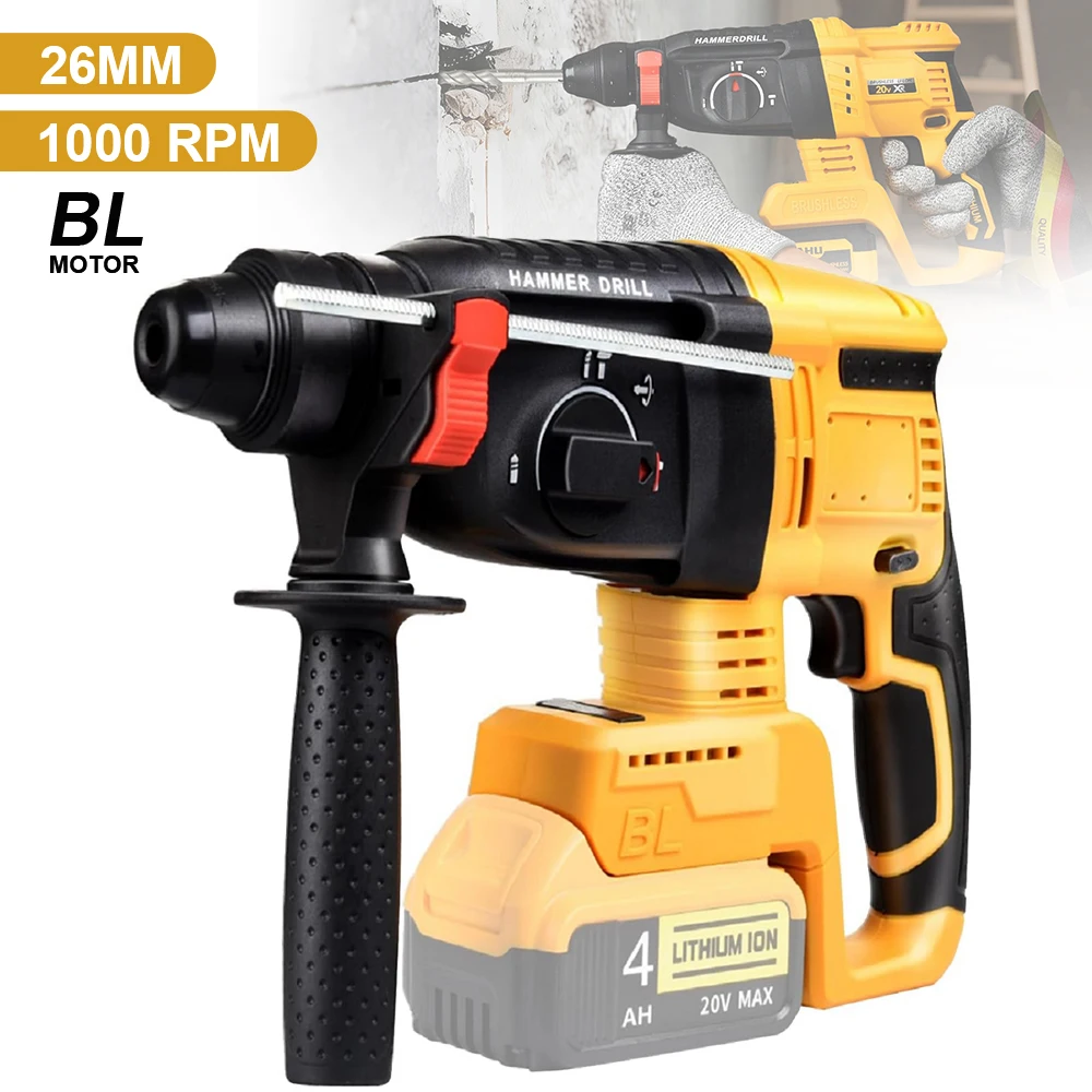 Perceuse à percussion sans balais 26mm 1000 tr/min, outil électrique 3 en 1 sans fil Durable haute puissance pour le perçage du béton, le ciseaux et le martelage