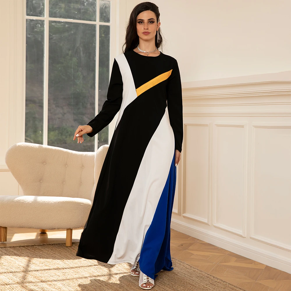 Elegant style Round neck Color contrast Geometry Split fork Regular sleeve Long Dresses