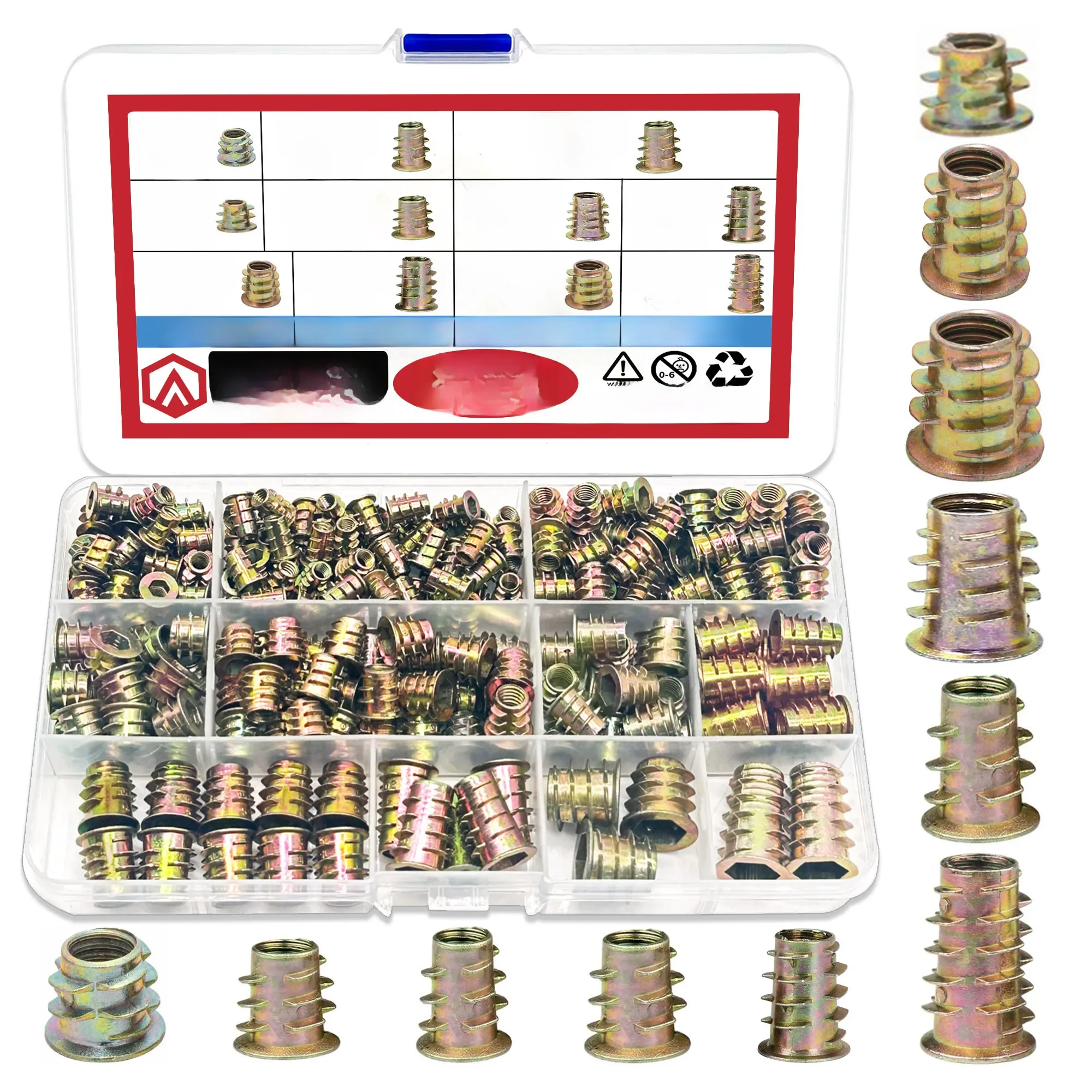 130/230 pièces écrous à inserts filetés, Kit d'outils d'assortiment d'écrous à inserts en bois filetés, 11 tailles métriques M4/M5/M6/M8/M10 douille hexagonale Dri