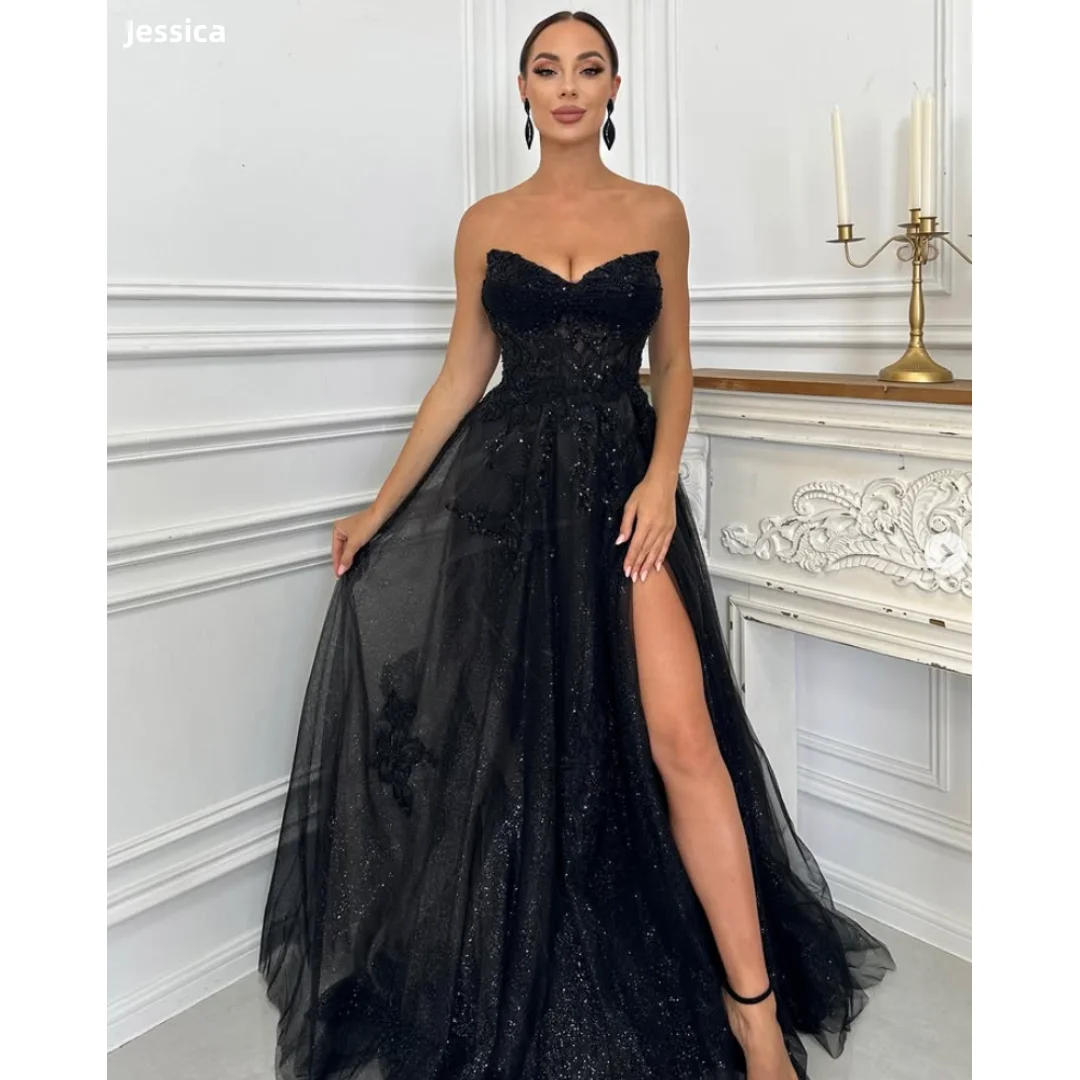 Jessica Glitter Beads Evening Dresses Black Tulle Prom Dresses Off-shoulder Side Slit Princess Dress Vestidos De Gala Customized