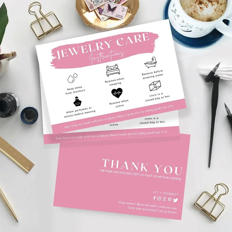 10X15cm Care Cards for Jewelry With Thank You Double Sides Minimal Jewelry Care Instructions Card for Small Business Insert Card