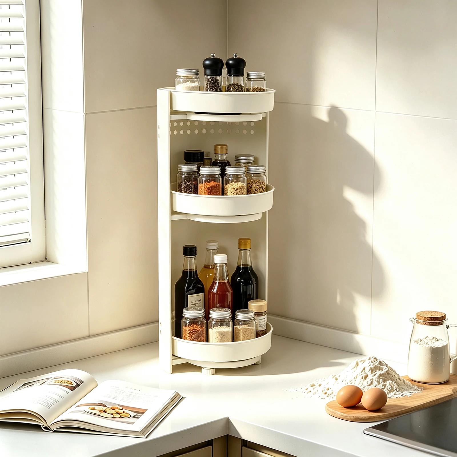 3-Tier 360° Rotating Spice Rack, Kitchen Seasoning Organizer With Raised Edge Fence & Stable Feet, Storage Shelf For Kitchen Countertop Cabinet Bathroom Cosmetic