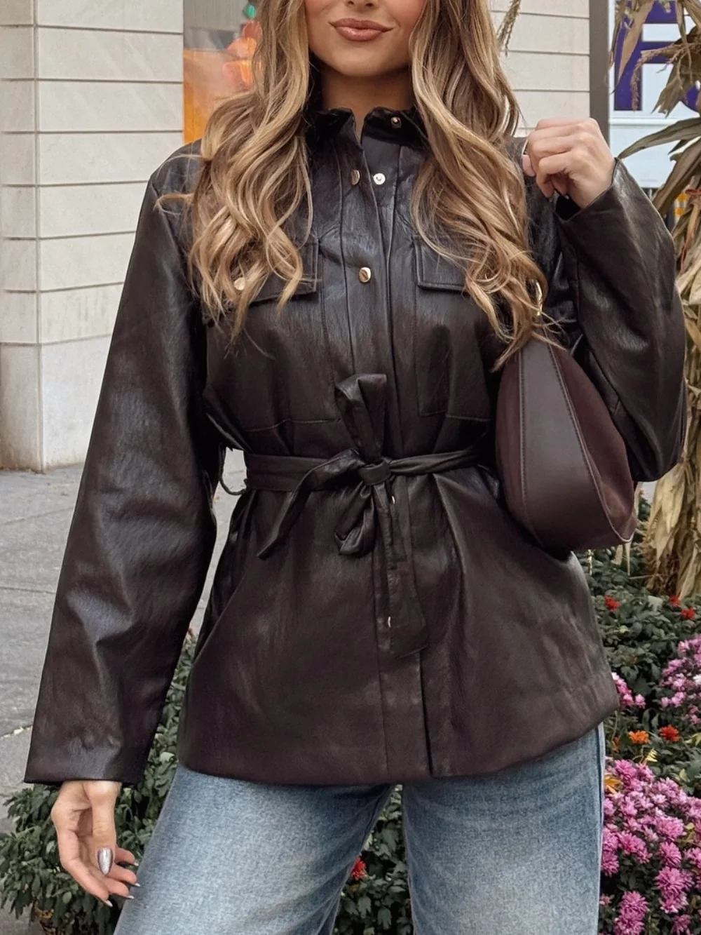 Casual Chic Chocolate Brown Leather Jackets Women Long Sleeve Buttons Sashes Coats Fashion 2025 Streetwear Outwears
