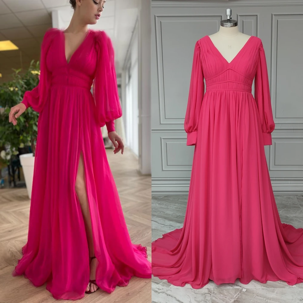 8519 # echte Fotos geschwollene lange Ärmel V-Ausschnitt Falten Chiffon A-Linie Abendkleid Sweep Zug rücken frei Party Ballkleid für Frauen