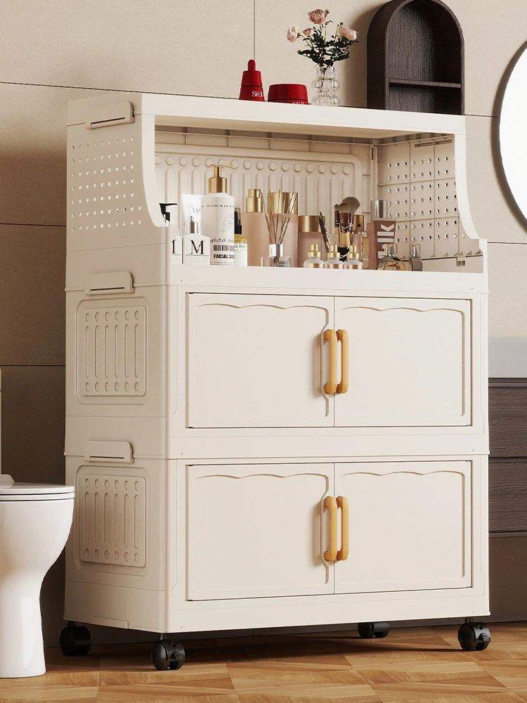 3/4/5/6-Tier 19.7in Cream White Foldable Storage Cabinet, No Assembly Collapsible Closet Organizer with Hole Board Top & Rolling Lockable Wheels, Thickened PP Storage Unit for Bedroom Kitchen Bathroom Study