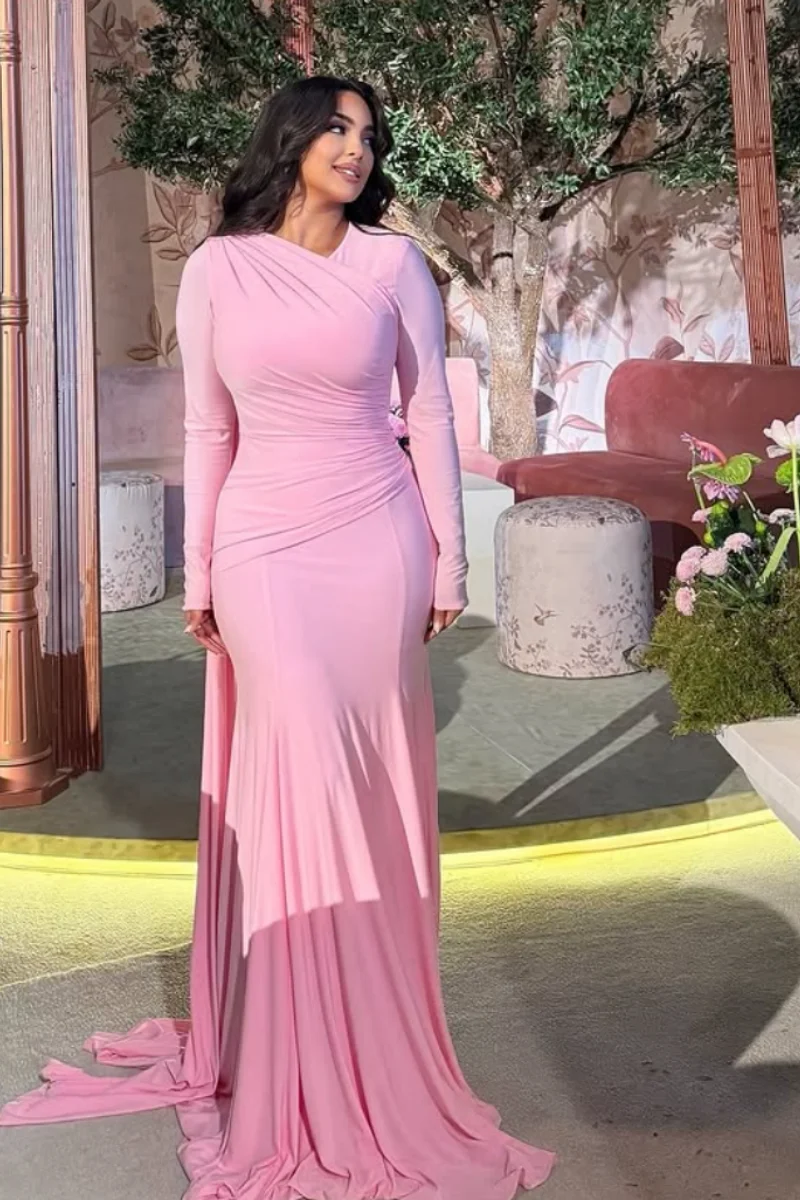 Jessica High Collar And Long Sleeves Evening Dresses Pink Elegant Lady Prom Dresses Special Occasions Party Dresses Customized