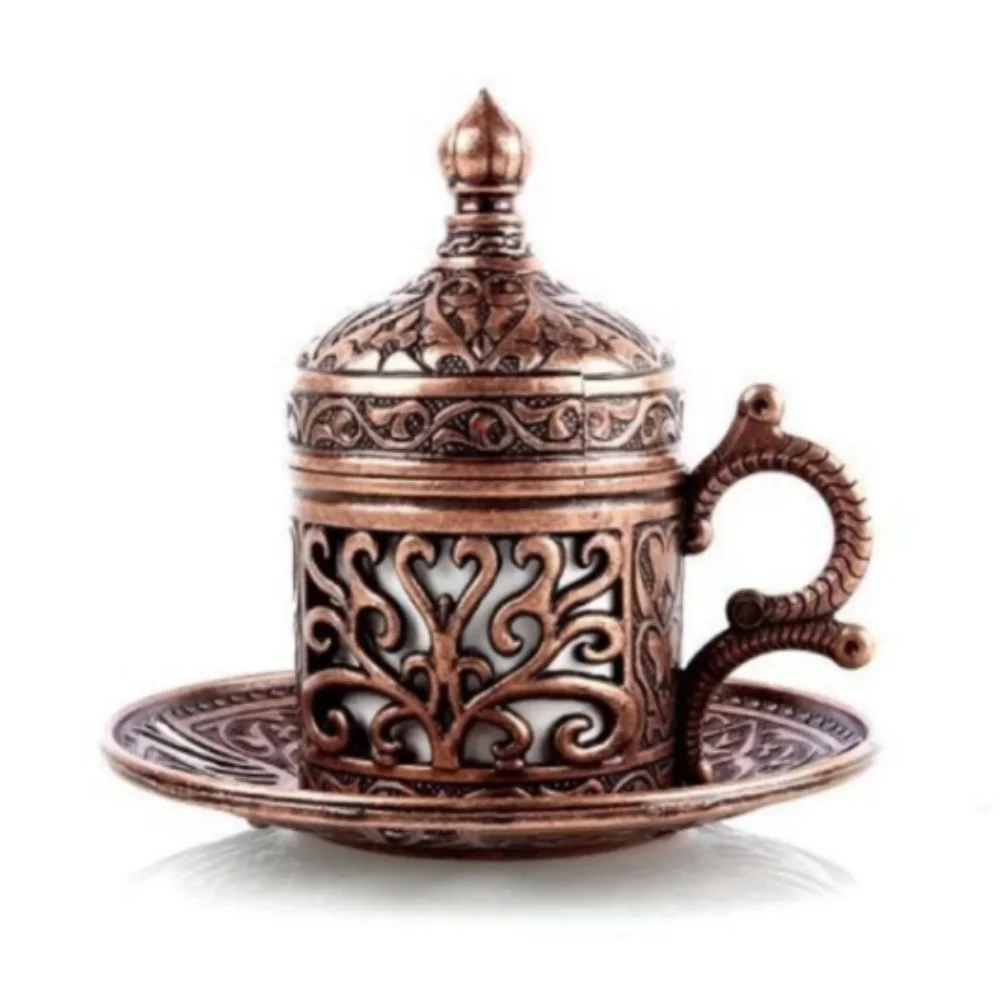 

Copper Ottoman Tulip Pattern Single Coffee Cup Carda Delightful Treat Great Opportunity Gift Trinket Kitchen Porcelain Turkish Culture Production Special Quality Standard Metal Package