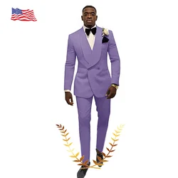 Lavender Men's Suit Wedding Tuxedo Jacket Pants 2 Piece Set Wedding Formal Party Double Breasted Blazer Floral Design