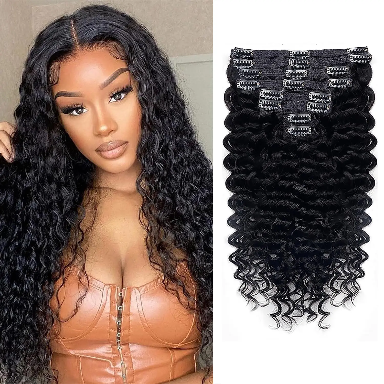 Human Hair Deep Wave Clip In Hair Extensions Braziliaanse Clip In 8 Stks/set Natuurlijke Zwarte Kleur Clip Ins Remy Hair 10-26 Inch