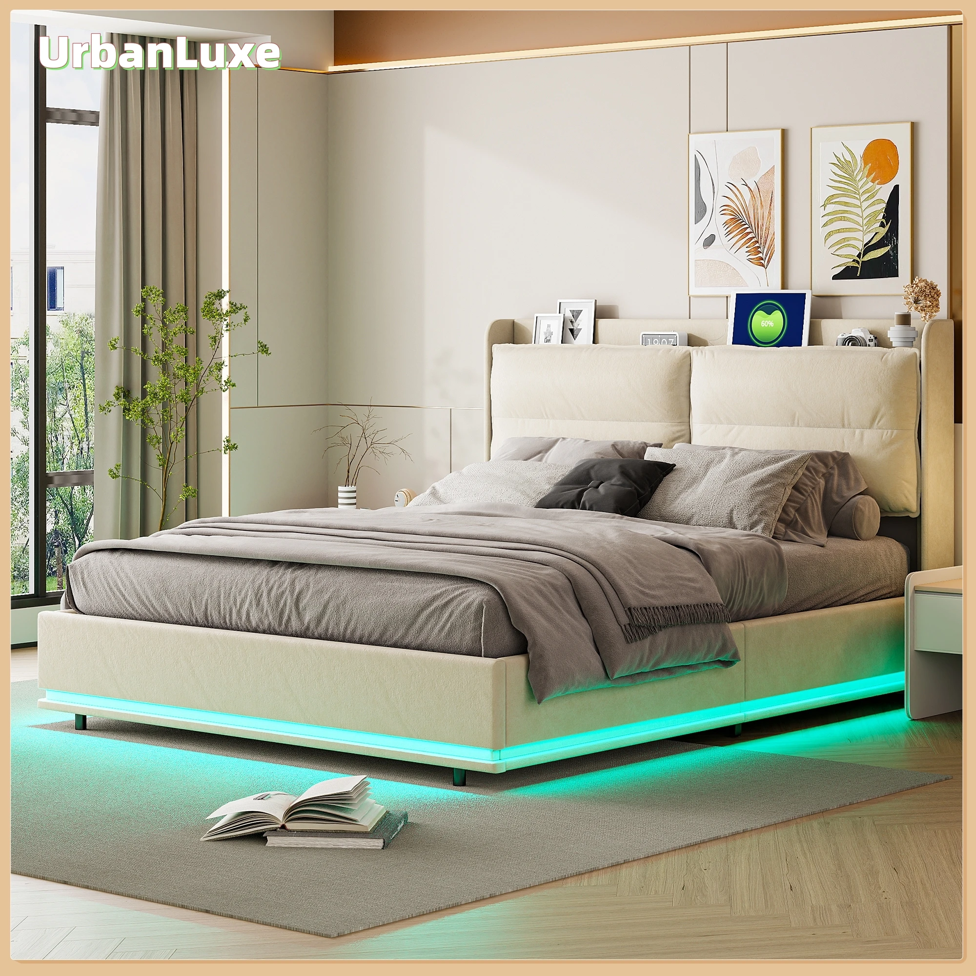 UrbanLuxe Lit 140x200 avec sommier à lattes, bande lumineuse LED et port de charge, lit avec espace de rangement, flanelle, blanc cassé