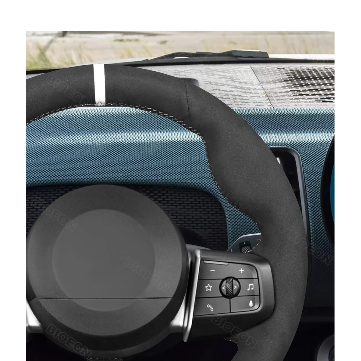 Bioeon Black Synthetic Suede Car Steering Wheel Cover for Mini Countryman (U25) Hatchback (F66) Electric Hatch (F66)