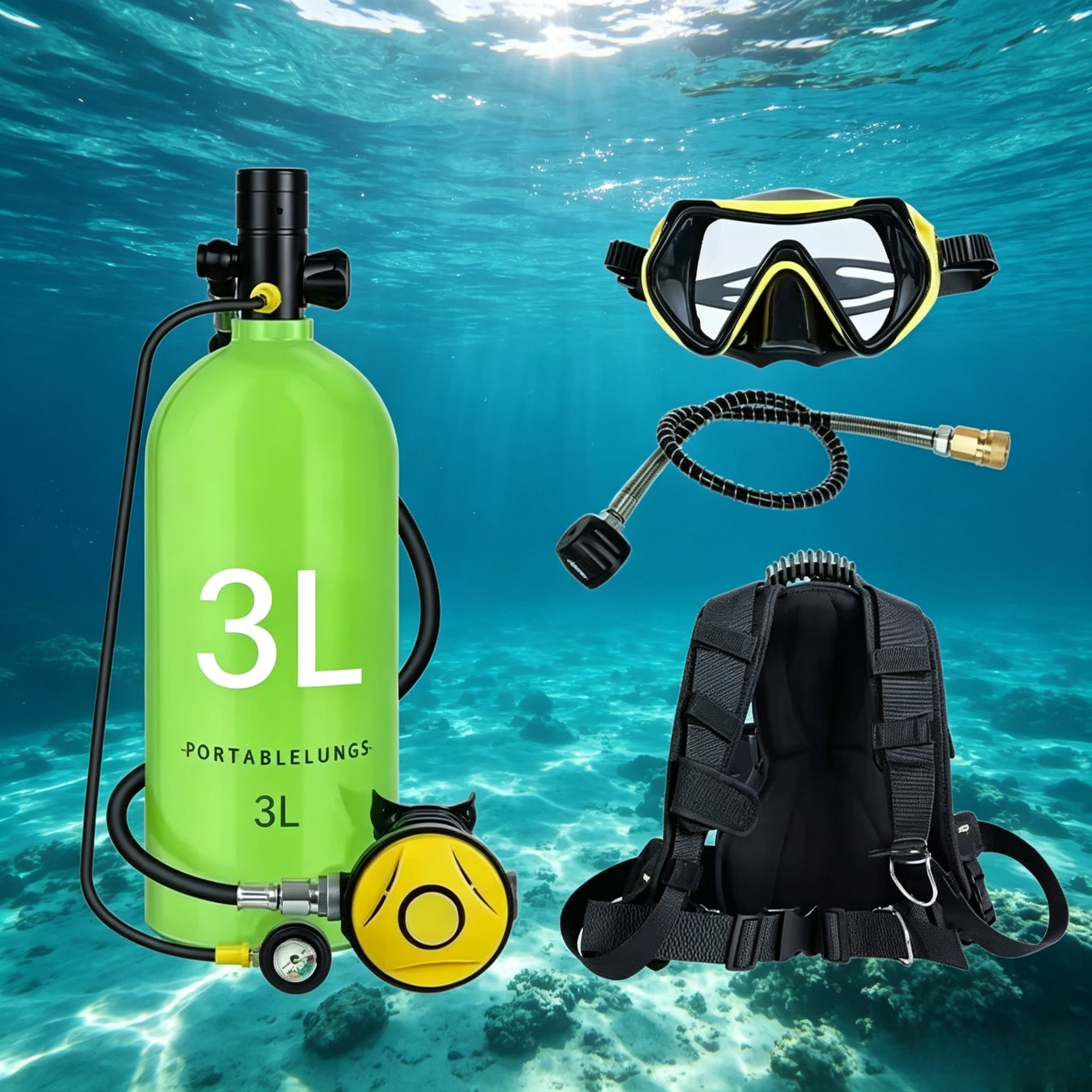 Tragbarer 3L Mini-Tauchflaschen-Komplettset, 30-40 Min. Unterwassertauchzeit, aufblasbare Tauchflasche mit HD-Weitwinkelmaske für Schnorcheln, Schwimmen und Wassersport
