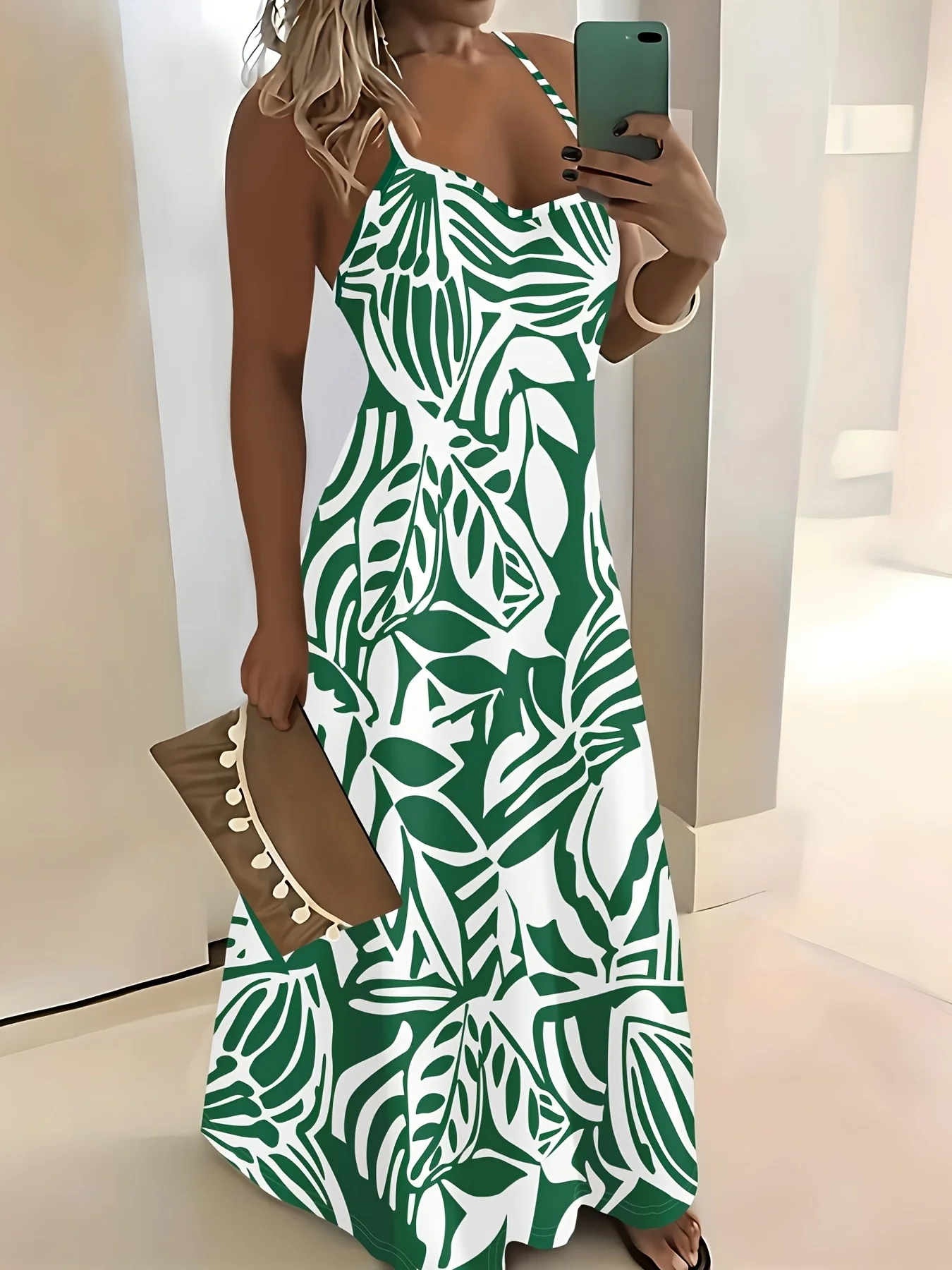 Printed Design Summer casual style green and white leaf printed camisole skirt