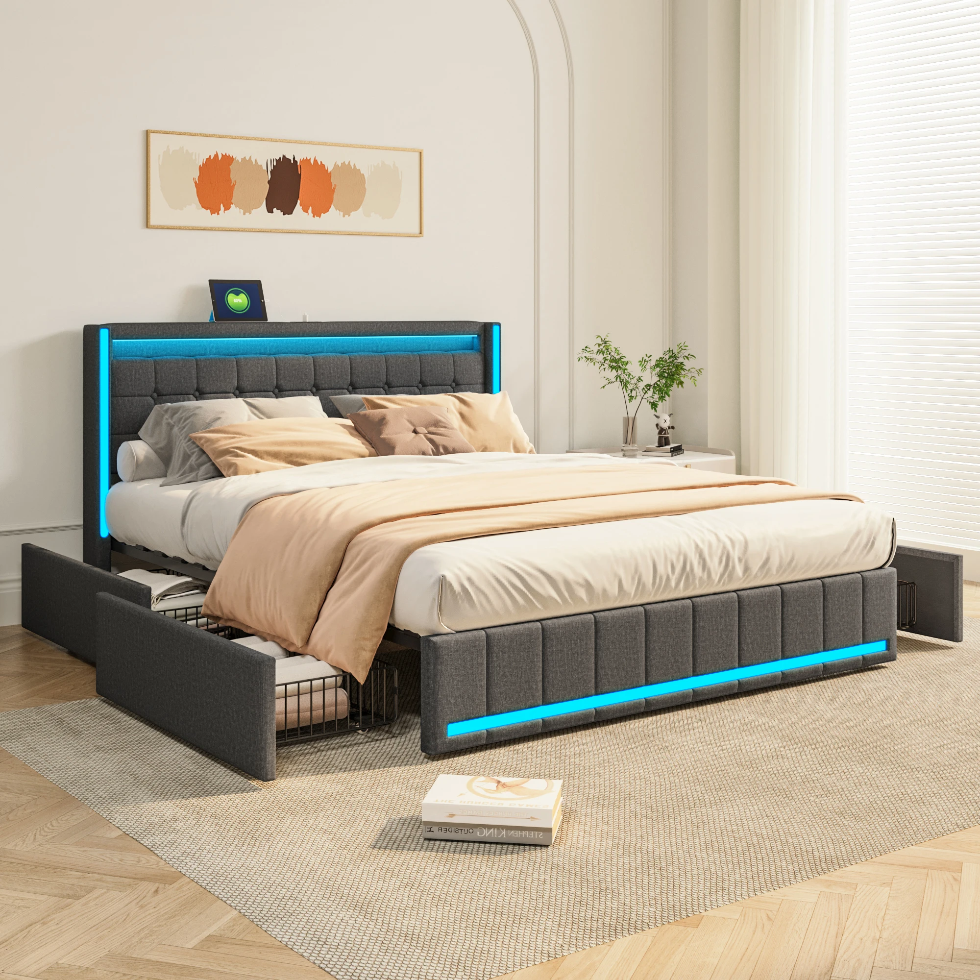 Anajqaqia Lit double 140x190 cm, lit rembourré pour adulte avec 4 tiroirs de rangement en métal à roulettes, cadre de lit en lin avec tête de lit capitonnée
