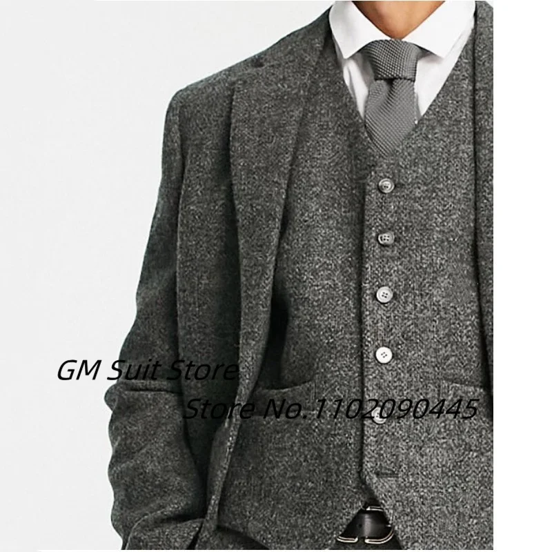 Men's Suit Woolen 3-piece Set (Top + Vest + Pants) Flat Lapel Collar Slim And Handsome Business Suitable Wedding Groom Outfit