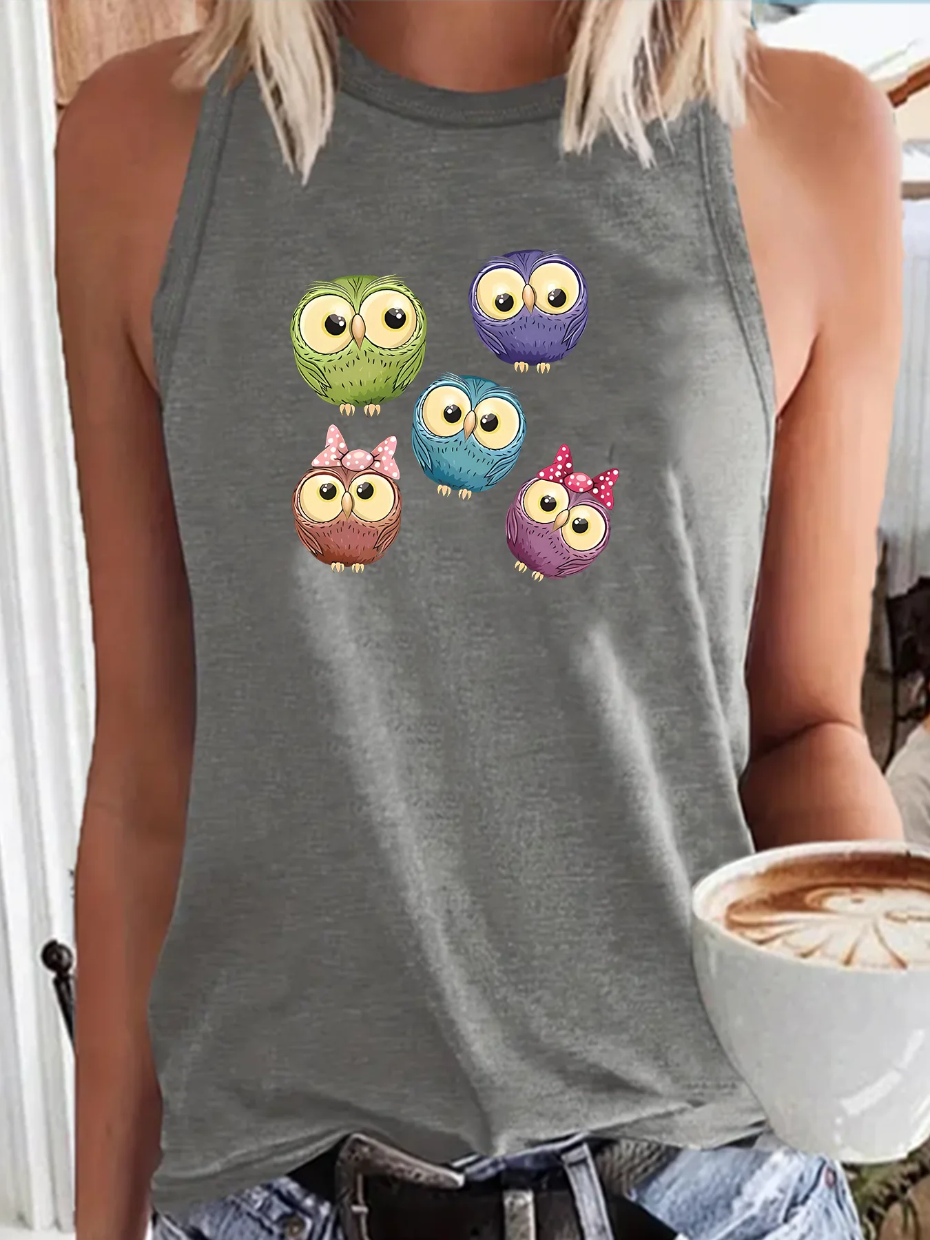 Summer Latest Owls Of Different Colors Fashion Sports Women's Tank Top Loose O Neck Sleeveless Casual Tank Top