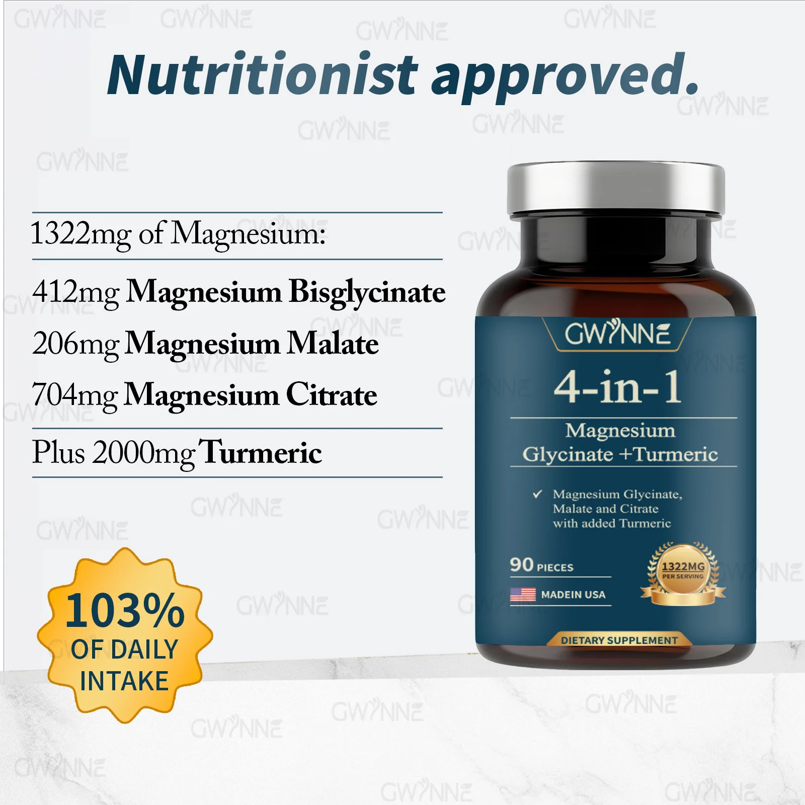 ملحق Gwynne Formula 4 in 1 (1322Mg)، يحارب التعب، ويقوي العضلات والأعصاب، 90 كبسولة عالية الامتصاص، والمغنيسيوم الثلاثي + الكركمين