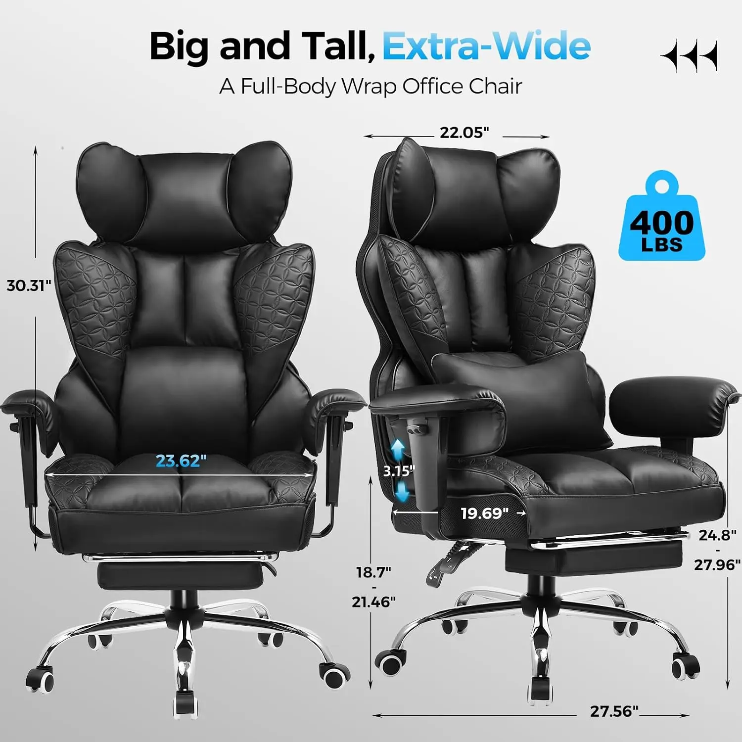 GTPLAYER Big and Tall Gaming Chair 400lbs Heavy Duty Office Chair with Footrest, High Back Pocket Spring Lumbar Support, Ergonomic Wide Comfy Seated Cushion for Lower Back Pain Relief,