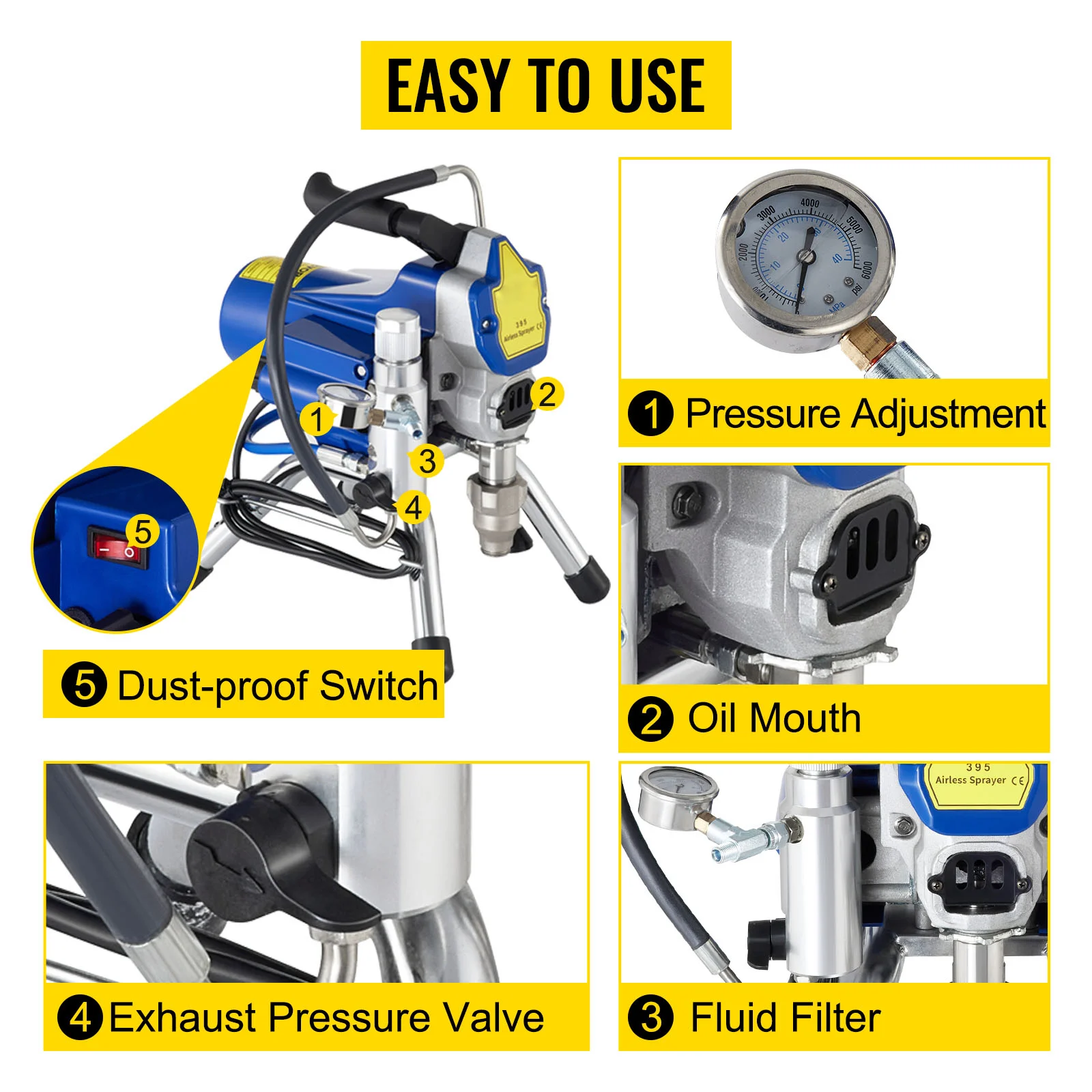 GECOFEER 3000psi مسدس رش طلاء الجدران بدون هواء مع ماكينة رش الأنابيب ذات الضغط العالي ماكينة رش الضغط العالي بدون هواء