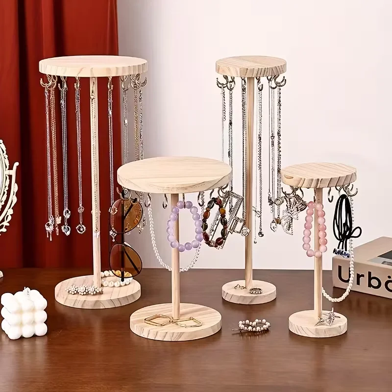 

1 шт. подставка из цельного дерева с крючками 12–18 крючков — круглое основание, настольный вертикальный органайзер для ювелирных изделий для браслетов, ожерелий, кулонов