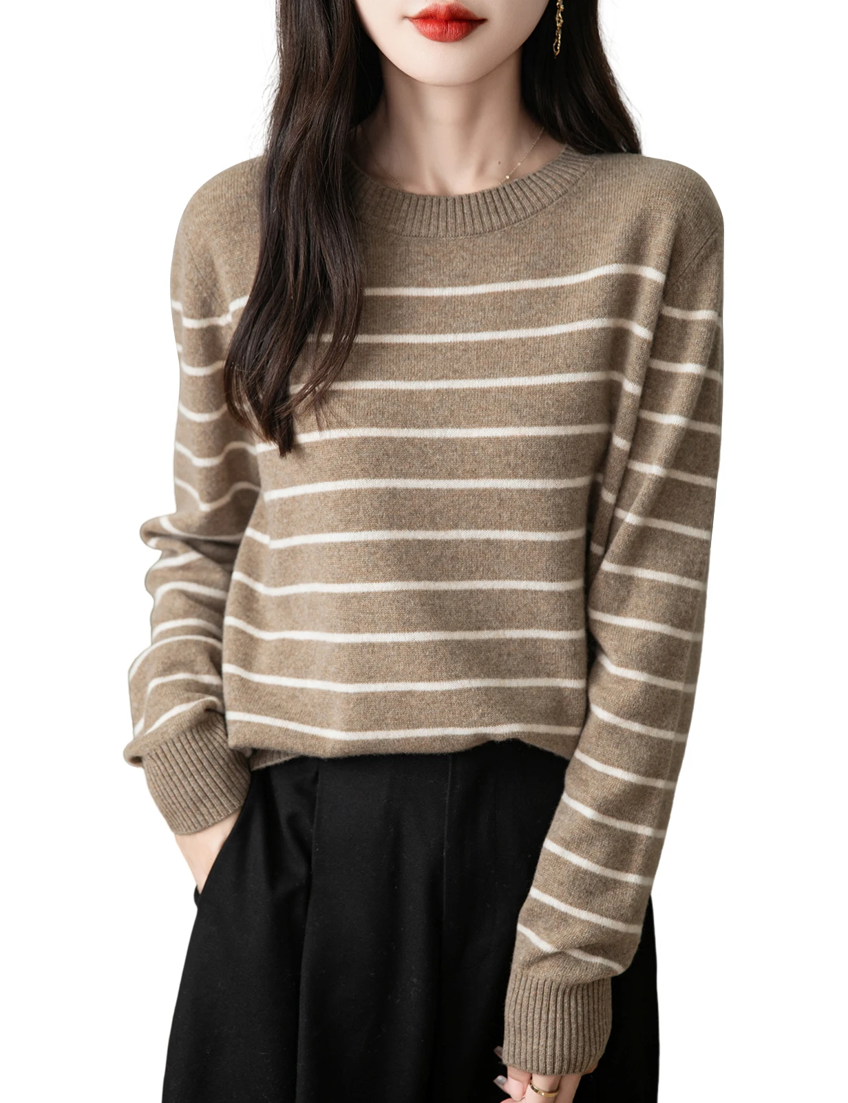 Suéter de lana merina de 100% talla europea para mujer, jersey de cuello alto para otoño e invierno, Tops suaves y cálidos, suéteres de punto a rayas de manga larga 2024