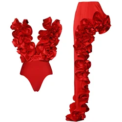 Sexy Red 3D Plissado Flor Uma Peça e Saia Set, Swimwear, Beachwear, Vestido de Festa, Apuramento, Atacado, 2024