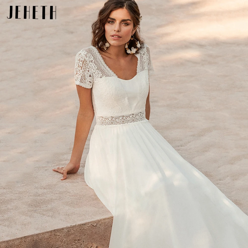 JEHETH Boho mangas curtas Vestidos de casamento V-Neck Backless Lace Praia Vestidos nupciais Até o chão Chiffon Vestidos De Novia فستان Boêmia vestido de casamento de mangas curtas v casamento de areia de cravos Vestid