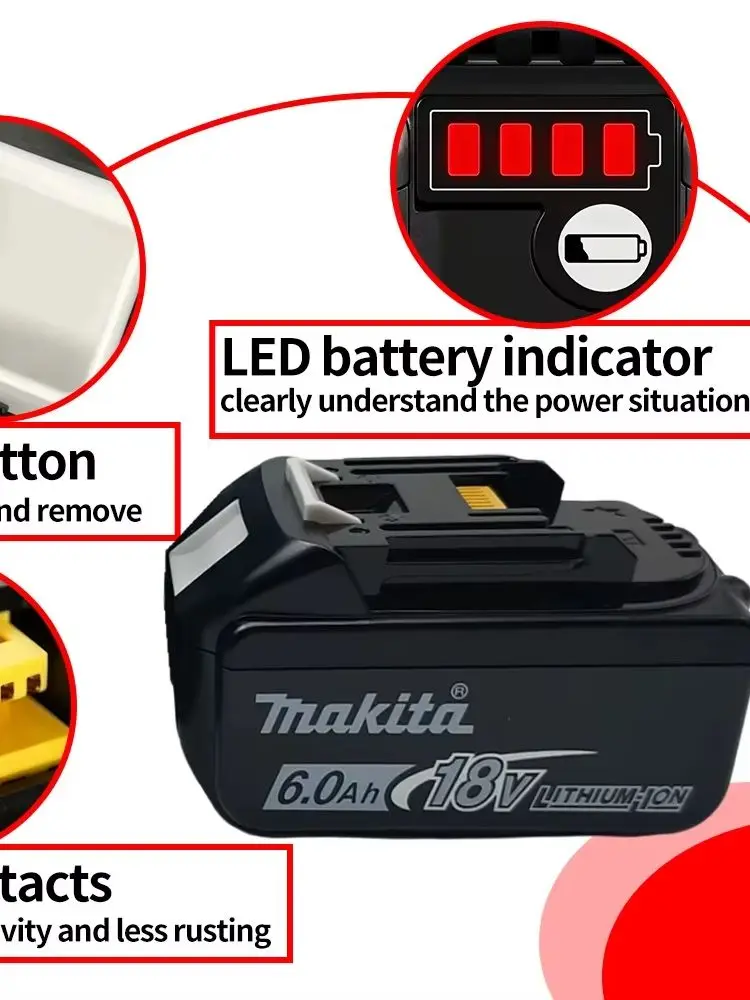 Oryginalna, 100% zamienna bateria litowa Makita 6Ah 6000mAh do akumulatorów Makita 18V: Bl1860B, Bl1840, Bl1830B, Bl1850B, Bl1850, Bl1860, Bl1815 — 2